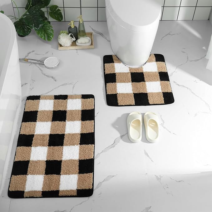 U Shape Checkered Bath Mat - Super Absorbent, Soft and Thick, Rubber Backing Non-Slip, Machine Washable Shower Rug, Bath Mat, Bathroom Home Decor Accessories, 20"x22" (50x55cm), Brown