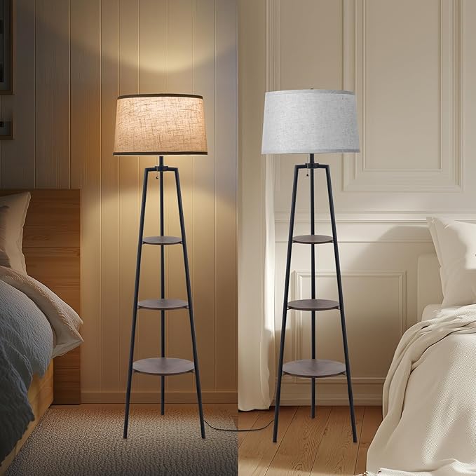 EOEYYOYB 3 Tier Shelf Floor Lamps for Living Room, Modern Standing Lamp with 3 Color Temperature Led Bulb, Tall Lamps for Bedroom and Office, Walnut