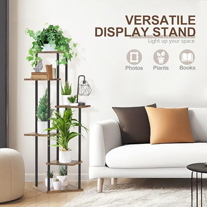 Oppro 6 Tier Tall Plant Stand Indoor Outdoor, Large Wood Metal Planter Shelf Holder for Narrow Corner, Sturdy Vertical Multiple Flower Orchid Pot Decorative Rack for House Living Room Bedroom Office, Rustic Black