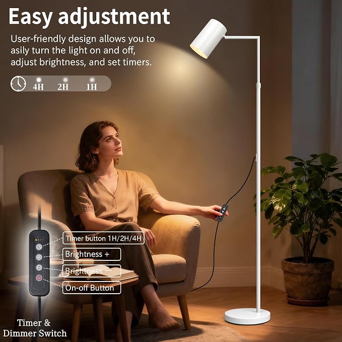 Ldeco Stepless Dimmable Arc Floor Lamp for Living Room with Timer,Height Adjustable Modern Reading Standing Lamps for Living Room,Reading Room,Office,LED Bulb Included (White-DM)