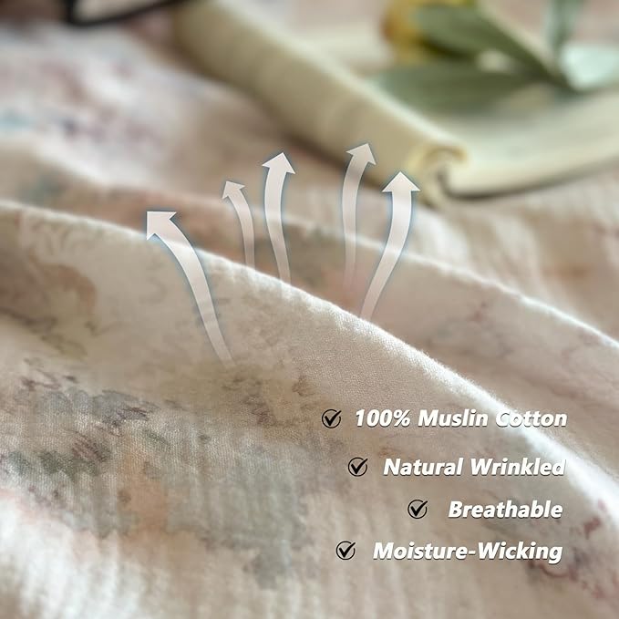 VM VOUGEMARKET Cotton Muslin Duvet Cover Queen Vintage Floral Duvet Cover with Ruffles Soft Linen Like Gauze Comforter Cover with Zip Closure and Corner Ties- 90"x90"