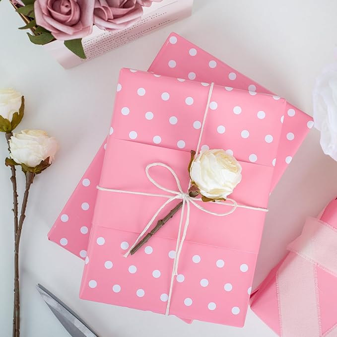Yarcony Pink Gift Wrapping Paper Roll - 17 Inch X 33 Feet - Lovely Baby Girl Polka Dot Pastel Gift Wrap Paper Birthday Wrapping Present Sheet for Wedding, Baby Shower, Bridal Shower, Valentine's Day
