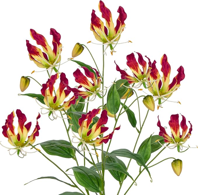 Briful Set of 3 Artificial Flowers Sprays Fake Gloriosa Superba Flowers, Fushia Faux Flame Lily Flowers Bouquets Floral Arrangement for Wedding Home Farmhouse Centerpieces Vase, Fall Decor
