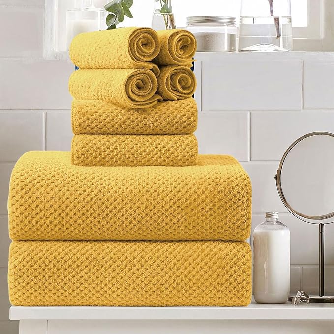 8 Piece Large Yellow Family Bath Towel Set-2 Oversized Bath Towel Sheets,2 Hand Towels,4 Washcloths-600GSM Soft Highly Absorbent Quick Dry Beach Chair Towels Woven Towels for Bathroom Hotel and Spa