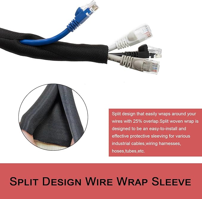 Braided Split Wire Loom Black Wire Cover Protective Harness Tubing Cable Management Self Wrap Cord Sleeve Mesh Woven 3/8"-60ft