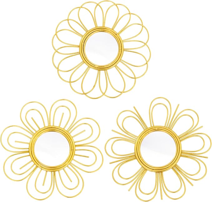 Gold Mirrors 3 Piece, 9 inch Flower-Shaped Mirror Hanging Wall Decor, Valentine Decorative Mirror Wall Art, Round Mirrors for Bedroom,Living Room,Bathroom, House Warming Valentine Gifts