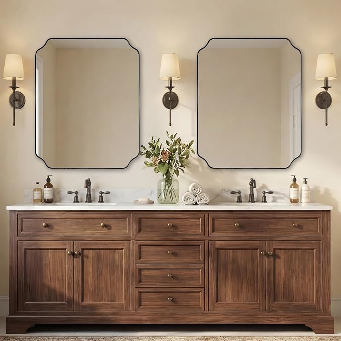 ANDY STAR 24"x30" Bathroom Mirror, Matte Black Framed Wall Mirror, Modern Scalloped Rectangle Mirror in Premium Stainless Steel Thin Frame, Rounded Notched Corners Design, Ideal for Home Remodel