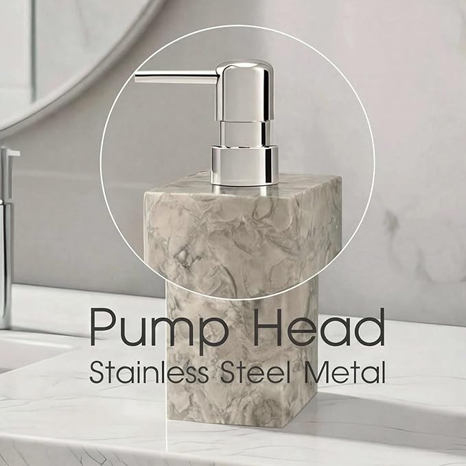 Real Natural Marble Soap Dispenser with Stainless Steel Pump Decorative Liquid Hand Soap Bottle for Kitchen Bathroom, Compatible with Lotion, Dish Soap Shower Gel (Grey 1 Set)