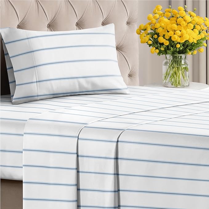 Striped Sheets - Blue & White Striped Sheets - 1 Flat & 1 Fitted & 1 Pillowcase w/ Deep Pockets – Wrinkle & Fade Free- Soft, Breathable and Cooling - Twin XL Size Bed Set – Luxury Pinstripe Bed Set