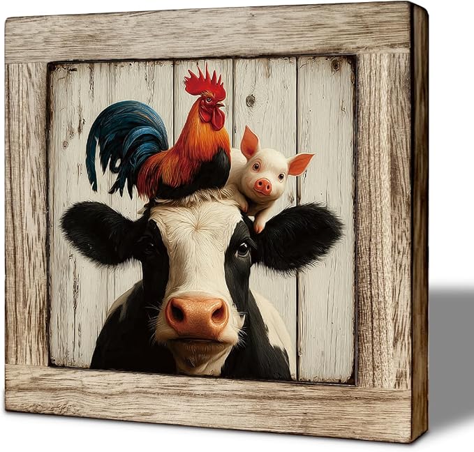 Whimsical Farm Animals Wooden Block Sign - Rooster, Pig, Cow Design, Rustic Farmhouse Decor, Cute Animal Art for Living Room, Kitchen, Bedroom, Gift for Animal Lovers