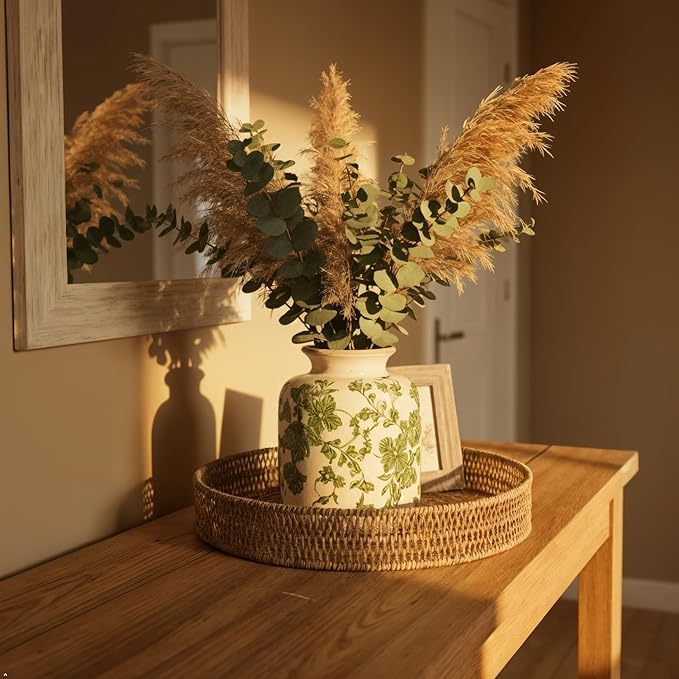 Vintage Green Crackle Glaze Ceramic Flower Vase, 6” Small Rustic Pottery-Style Decorative Vase with Distressed Beige Rim, Farmhouse Cottage Tabletop & Mantel Home Decor