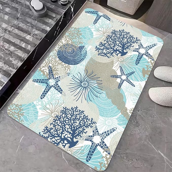 Diatomaceous Earth Bath Mat,Cute Corals and Seashells Non-Slip Volume Super Absorbent Fast Drying for Bathroom Kitchen mat,Eco-Friendly Easy to Clean 17×27.5Inch (43 * 70cm)