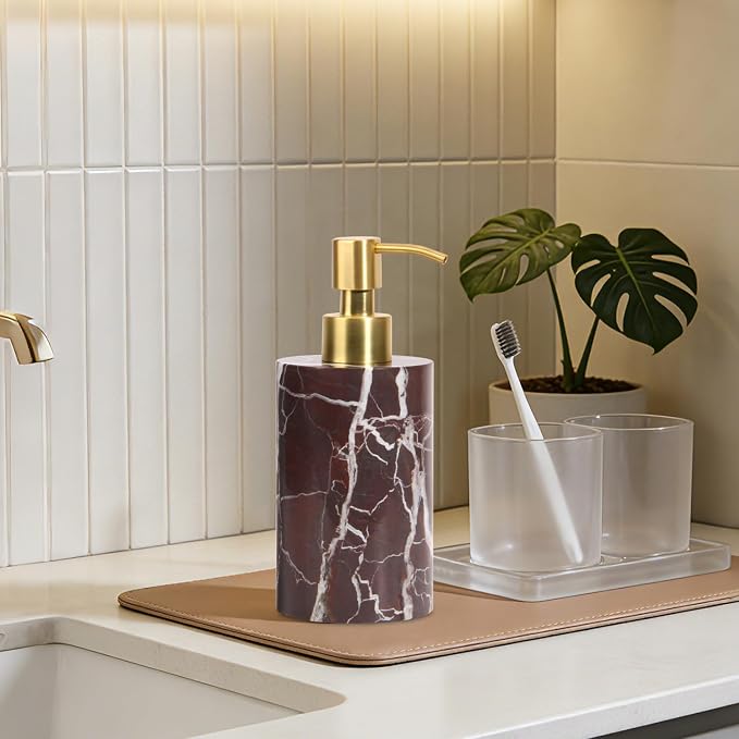 Natural Marble Soap Dispenser for Bathroom and Kitchen Countertop - 5.41 Ounces Hand Lotion and Liquid Stone Shampoo Laundry Bottle with Pump (1, Rosso Lepanto, Cylindrical Bottle)