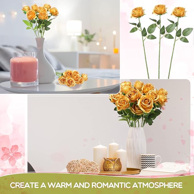 Jexine 50 Pcs Artificial Rose Flower Bulk Realistic Silk Fake Roses with Long Stem Plastic Artificial Flower Bouquet Real Looking for Home Wedding Centerpieces Party Decoration(Gold)