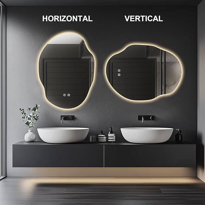 Irregular LED Bathroom Mirror with Lights,Asymmetrical Led Bathroom Vanity Mirror for Wall with Backlit, Anti Fog, 3 Colors and Dimmable Light,[Horizontal/Vertical] 30" H x 22" W