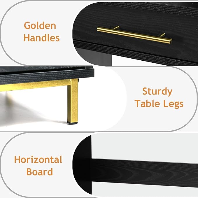 4 EVER WINNER Computer Desk with Drawers, 43 Inch Small Desk with Golden Handle, Home Office Desk with Storage Shelves for Bedroom, Black