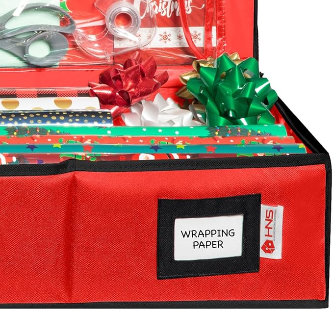 HOLDN' STORAGE Premium Wrapping Paper Storage Container - Durable 600D Tear-Proof, Fits 27 Rolls Gift Wrap, Extra Pockets for Ribbons & Bows, Underbed Storage - Ideal for Holiday Christmas, Red/Black Trim