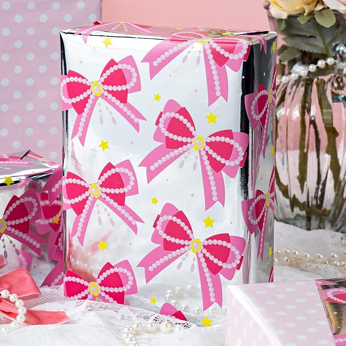 Homeral Pink Bow Wrapping Paper Roll - Mini Roll - 17 Inch x 33 Feet - Pink Ribbon Pearl Bow Perfect for wrapping paper for girls Valentine's Day, Girls Birthday, Bachelorette Party, Baby Shower.