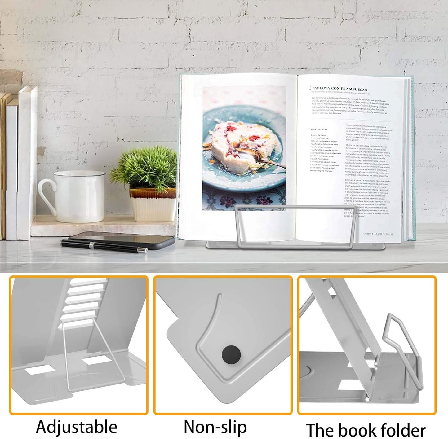 VFINE Adjustable Desk Book Stand - Portable Metal Holder for Textbooks & Cookbooks - Gray