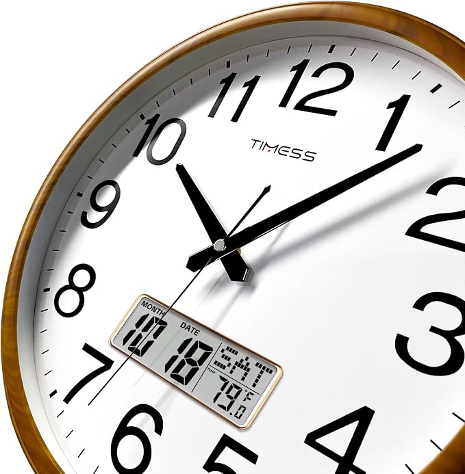 TIMESS Wall Clock, Classic Wood Style Finish, 11 Inch Non-Ticking Silent Battery Operated Quartz Analog with Perpetual Calendar and F° Temperature Display, Home, Office Décor (Wood Yellow)