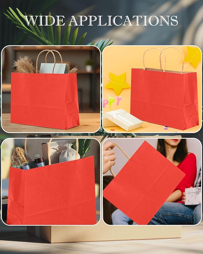 qiqee 13"x4.5"x10" Large Gift Bag with Handles Bulk 32PCS Gift Paper Bags Red Bags Multiple Uses (Wide Large)