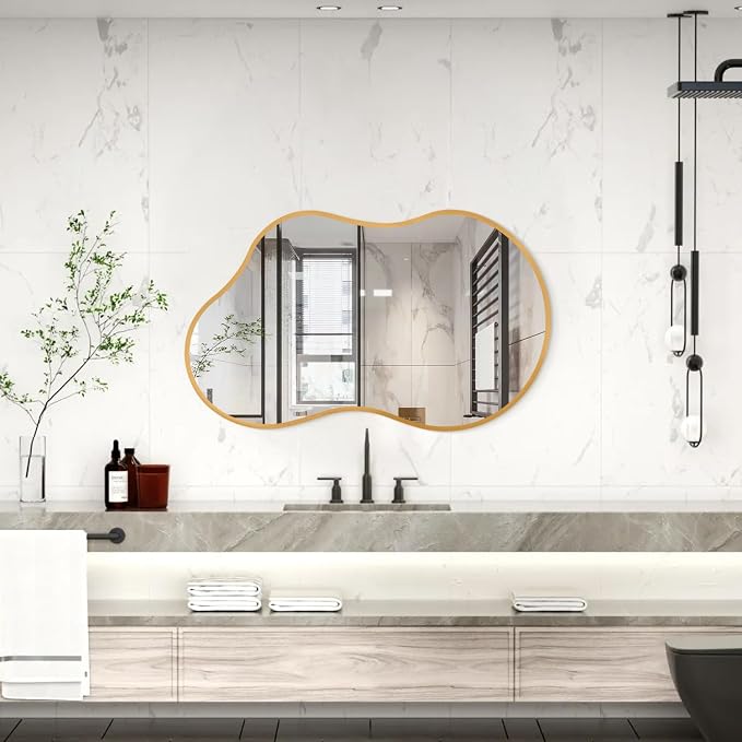 Irregcular Wall Mirror 26"x16" Gold Asymmetrical Bathroom Mirror Metal Framed Modern Decorative Vanity Mirrors for Bedroom Living Room Entryway
