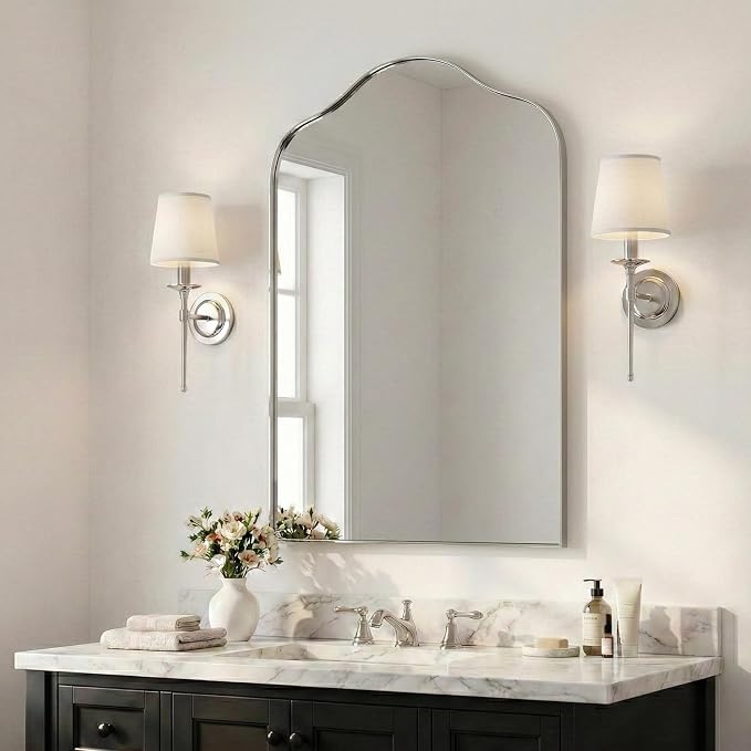 ANDY STAR Scalloped Arched Mirror, 26x38 Polished Chrome Irregular Bathroom Mirror for Vanity, Curved Top with Silver Rustproof Stainless Steel Frame, for Powder Room, Entryway, Bedroom, Fireplace