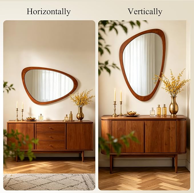 Ferytange Asymmetrical Wall Mirror Wood Frame, 36" H×28" W Modern Irregular Decorative Mirror, Unique Wall Art for Living Room Bedroom Entryway, Mid Century Modern Home Decor