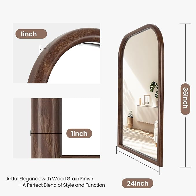 24"x36" Arch Wall Mirror Bathroom Mirror for Wall Mounted, Tempered Glass, Wood Grain Finish Frame Wall Mirror Decorative for Bedroom Living Room Entryway, Rustic Brown
