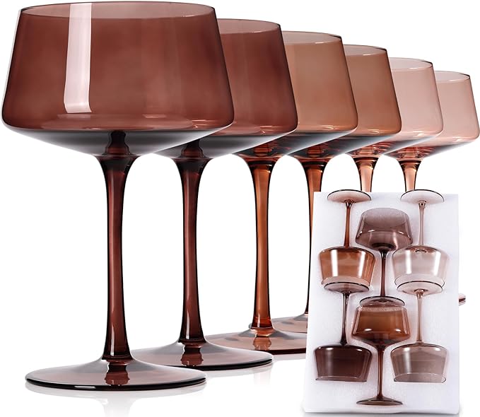 JOVGANK Amber Coupe Glasses Set of 6, Hand Blown Brown Martini Glasses 13Oz, Champagne & Cocktail Luxury Coupe Glasses, Bar Manhattan Glass, Mother's Day Gift for Espresso Martini Glass