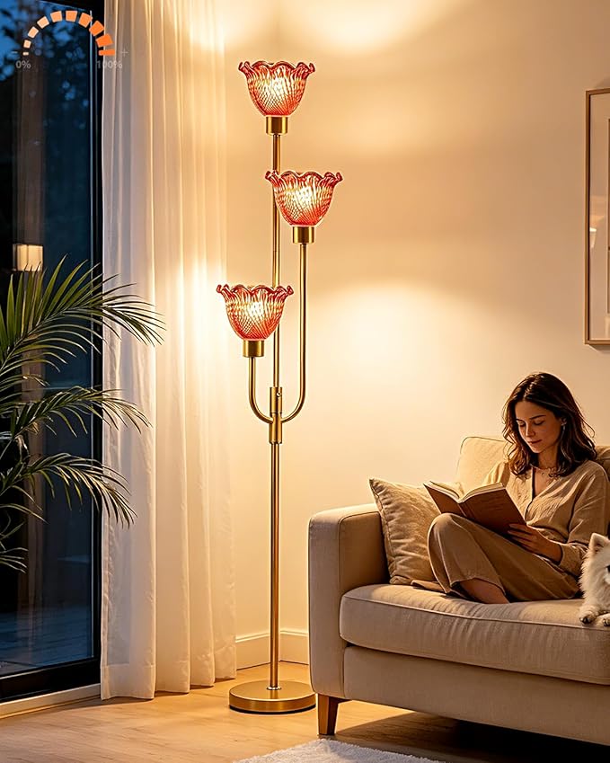 Lightdot 3-Lights Glass Floor Lamp 66IN Modern Gold Dimmable Floor Lamps with 3000K Warm White Bulbs for Wedding Party Tall Standing Lamp with Deep Red Glass Shade for Living Room/Bedroom/Home Decor