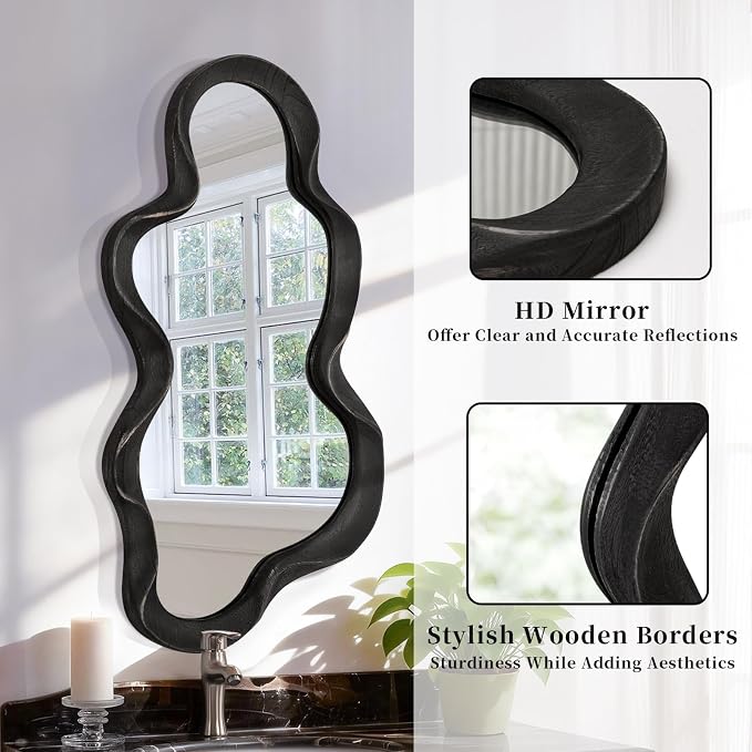 Irregular Wooden Framed Wall Mirror Modern Asymmetrical Hanging Mirror Artistic Cloud Shape Wall Decor Bathroom Vanity Bedroom Living Room Entryway Hallway Large
