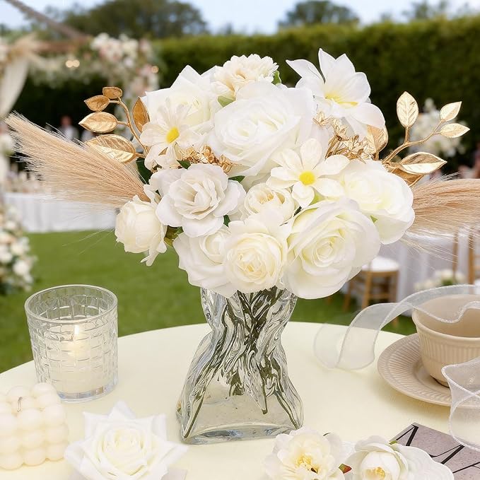 SwanMoon Artificial Flowers Combo Box Set, 33pcs Silk Roses & White Peony with Stems for DIY Wedding Bouquets, Baby Shower, Party Centerpieces & Home Decor