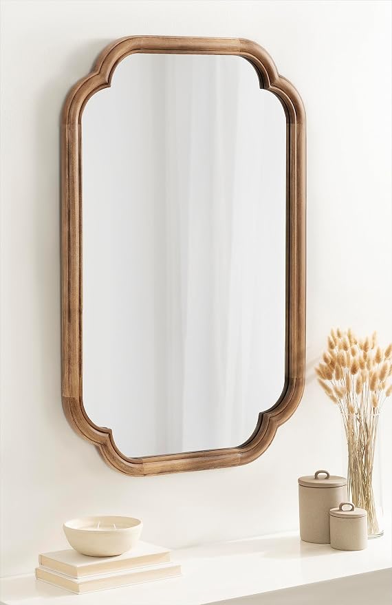 Kate and Laurel Glenby Transitional Scalloped Wall Mirror, 24 x 36, Rustic Brown, Wooden Farmhouse Bathroom Mirror with Rounded and Stepped Frame Profile