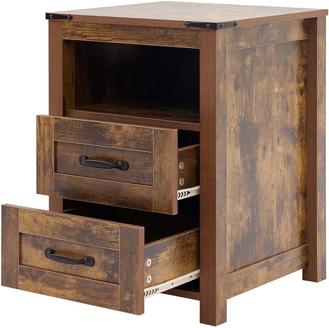 Farmhouse Night Stand, Rustic Brown Nightstand for Bedroom, End Tables Without Charging Station, Bedside Table with Drawers, Wood Bedside Cabinet Dresser