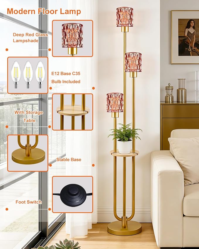 Lightdot 3-Lights Floor Lamp for Living Room Modern Gold Floor Lamp with Rose Red Glass Shade for Wedding/Party Farmhouse Tall Standing Lamp with 5Lbs Heavy Base for Bedroom/Sofa Beside/Corner Decor