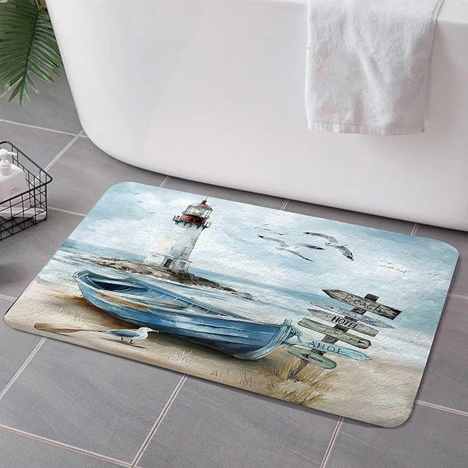 Nautical Coastal Bath Rugs for Bathroom, Ocean Beach Lighthouse Non Slip Flannel Bathroom Rug, Blue Teal Seasides Sailboat Dry Fast Water Absorbent Bath Mats, 17x29 Inch
