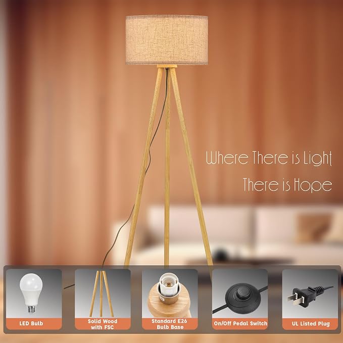 Wood Tripod Floor Lamp with 3 Color Temparature LED Bulb, Modern Wooden Standing Floor lamp Linen Shade for Living Room, Bedroom, Office, ETL Listed/Natural Wood Color