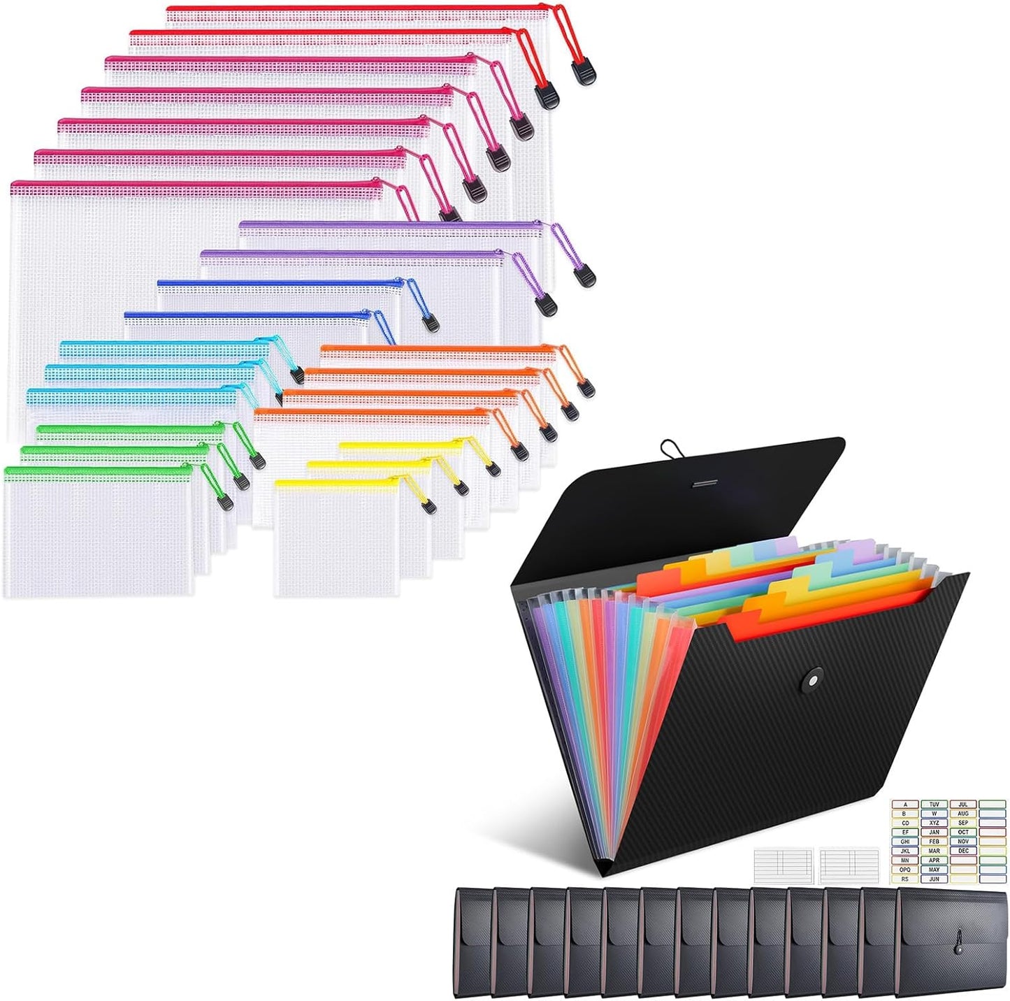 UMETDO Document Bags Set - 38 PCS Mesh Zipper Pouches & Accordion File Organizer | 8 Sizes & 14 Pockets