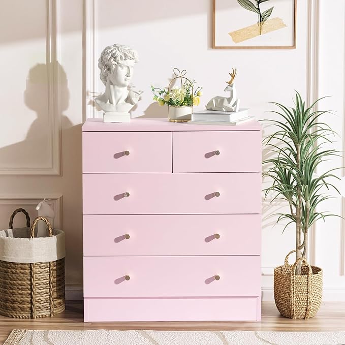 Karl home Pink 5 Drawer Dresser for Bedroom, Modern Wood Dresser Chest of Drawers, Pink Bedroom Dressers for Girls, Anti-Tipping Device, Rose Gold Metal Handle, Living Room, Entryway, Hallway, Office