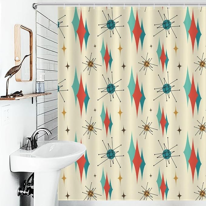 Mid Century Modern Shower Curtain,Retro Abstract Atomic Starburst Geometric Diamond Pattern Shower Curtains Set for Bathroom Fabric Decorative Bath Curtain Washable Curtain Hooks, 72x72 inch