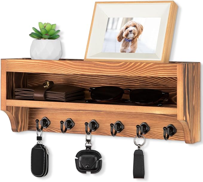 Nekon Key Holder Wall Mount, 12.8" W x 5.6" H x 3.7" D Wall Mounted Key and Mail Organizer with 6 Key Hooks, Key Racks for Home Entryway Decor (Brown)