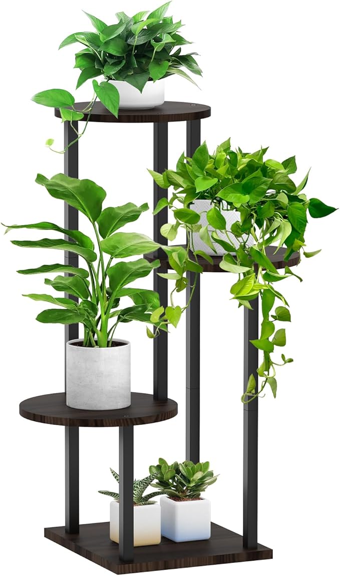 4 Tier Plant Stand Indoor, Metal Wooden Tall Plant Shelf Flower Pot Stand for Multiple Plants, Corner Flower Holder Plant Display Rack for Living Room Balcony Patio Garden (Black)