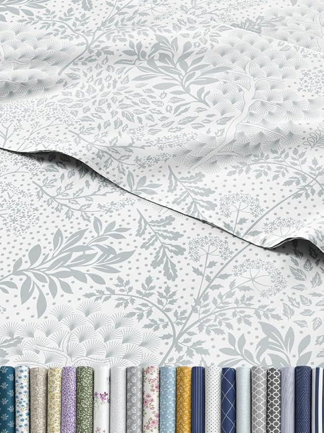 Floral Sheets - Grey Floral Bed Sheet Set - 1 Flat, 1 Fitted & 2 Pillowcases w/ Deep Pockets - Comfy, Wrinkle & Fade Free - Boho Botanical Bedding - Ultra-Soft, Breathable & Cooling - Queen Size