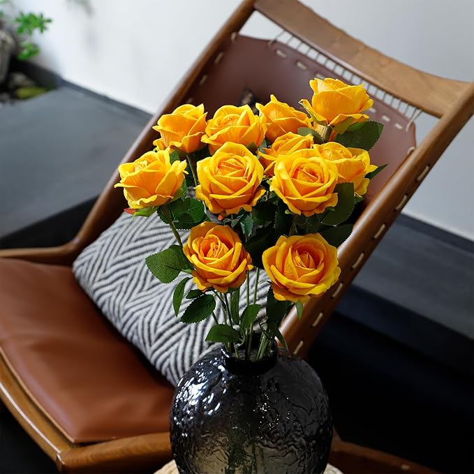 12 Pcs Artificial Rose Flowers, Silk Roses with Long Stems, Realistic Fake Roses for Wedding Centerpiece Party Home and Office DIY Decor, Yellow