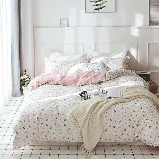 HighBuy Girl Floral Duvet Cover Queen Cotton Pink Flower Coquette Bedding Comforter Covers Queen Bedding Set Pink White Lightweight Soft for Girls Garden Style Duvet Cover for Children