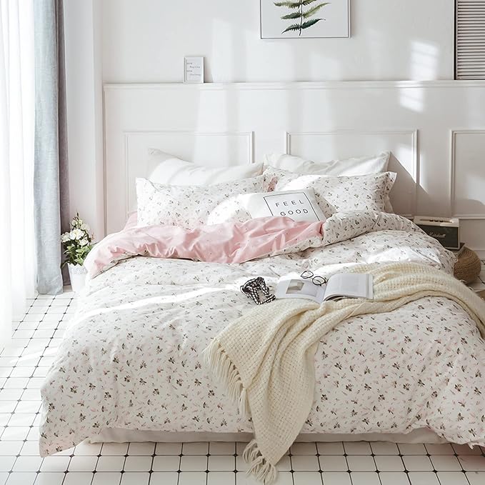 HighBuy Boho Floral Duvet Cover King Pink White Floral Cotton Coquette Bedding Comforter Covers King Lightweight Soft for Girl Garden Style Aesthetic Bedding Set with Zipper Closure