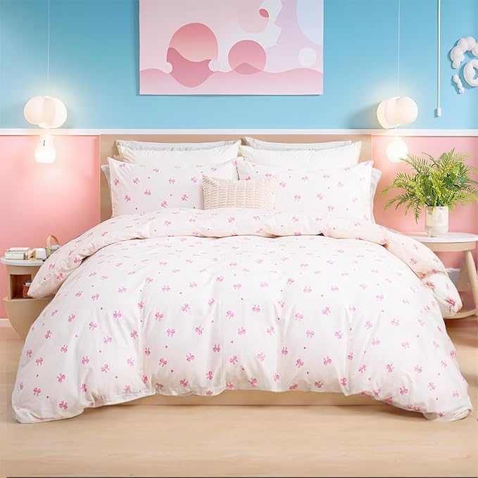 Pink Bow Duvet Cover Set King 100% Nature Cotton Duvet Cover 3 Pcs Girls Cute Comforter Cover with Zipper Closure Ultra Soft Breathable Bedding Set for All Seasons
