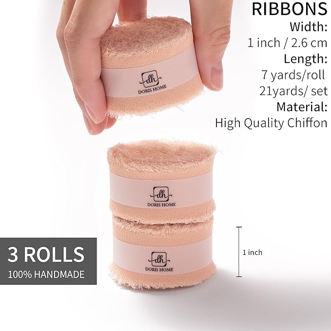 DORIS HOME Nude Pink Chiffon Ribbon for Flower Bouquet, 1" x21Yd Fabric Ribbon for Gift Wrapping, Handmade Frayed Ribbon for Wedding Invitations/Christmas Decorations