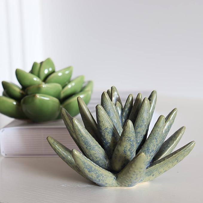 Ceramic Succulent Flowers Table Top with Stable Base, 3D Handmade Tablescape Decorative (Cactus)